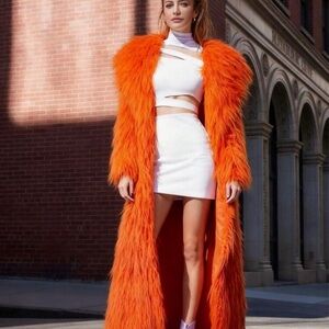 SHEIN Orange Faux Fur Trench Coat